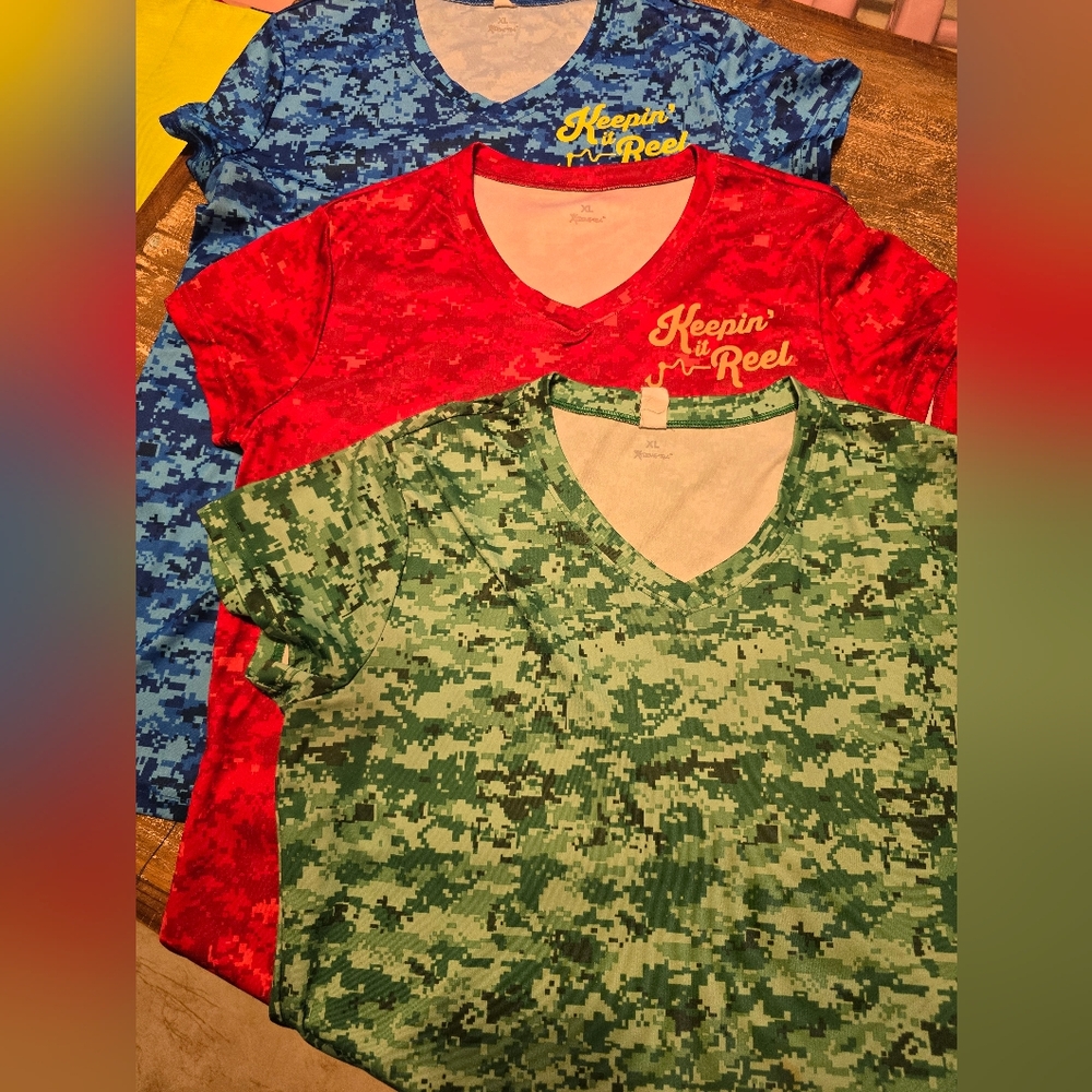 Women's Camo Polyester V-Neck Tees - Red, Green, Blue. Perfect for fishing!